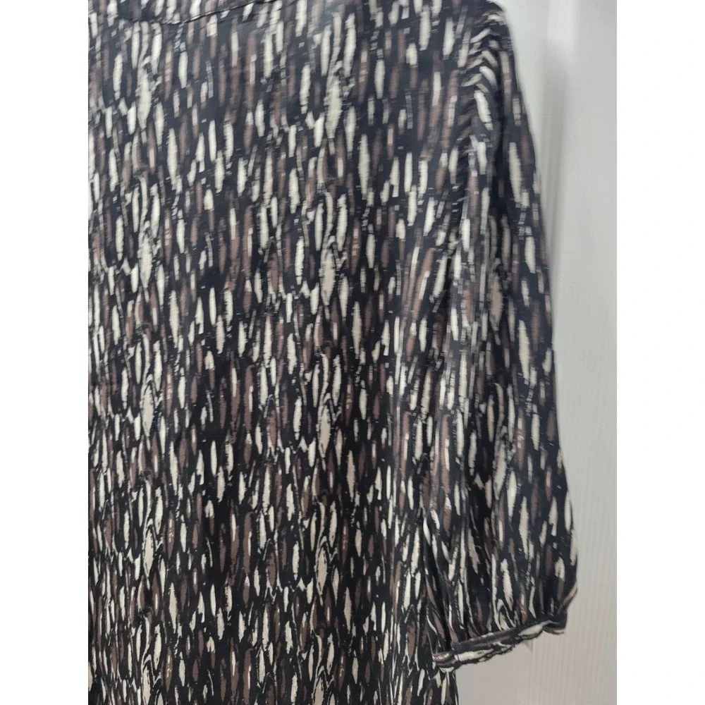 Tory Burch Silk Ruffle V-Neck Blouse 3/4 Sleeve Abstract Print Black Brown Sz 8